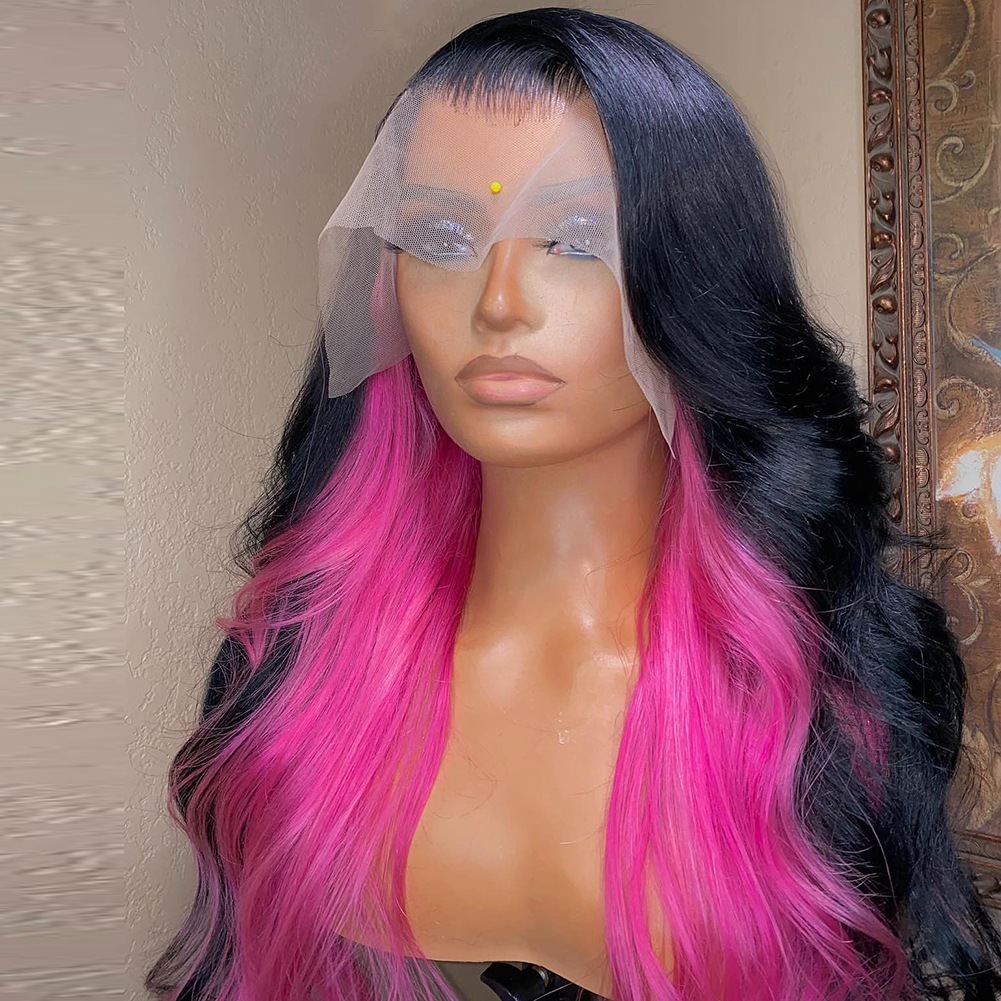 180 Density Pink Highlight With Black Body Wave Wig Brazilian Wigs Pre Plucked 13x4 Lace Frontal Wig Synthetic Hair Transparent Lace