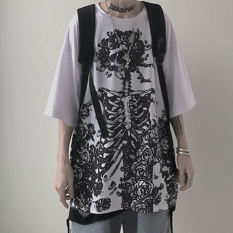 QWEEK Gothic Harajuku Skull T-shirt Korean Fashion Oversized Short Sleeve Tees Shirt Mall Goth Tops Grunge Alt Kpop Clothes 220321