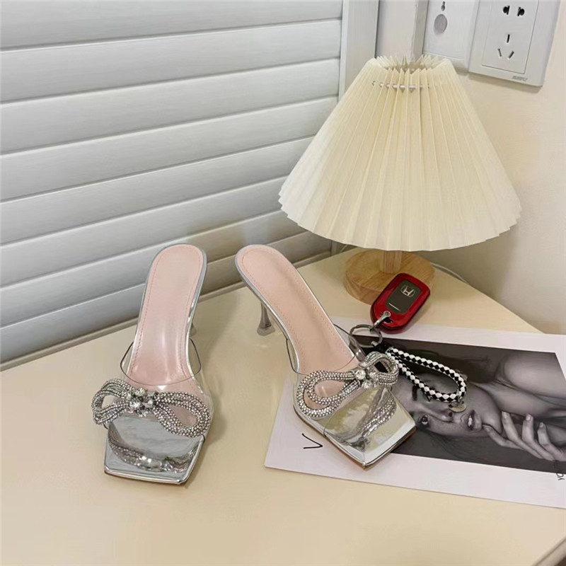 Summer Woman Square Head Sandals Rhinestones Bow High Heels MM Crystal Double Bow Tie Sandal Party PromHeels Size 35-40