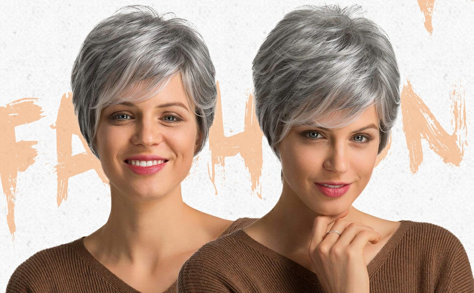 Short Grey Human Hair Wigs for Women 8inch Natural Pixie Cut Wig silver gray salt and pepper machine made non lace wig 150%density