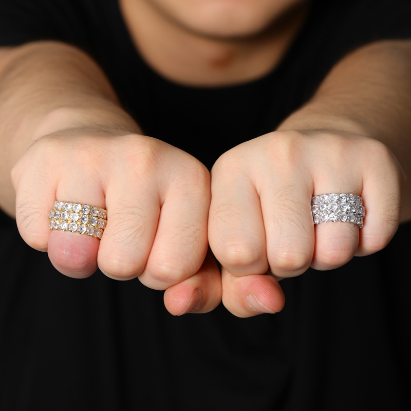 Hip Hop Cubic Zirconia Pentagram Finger Ring Band Mens Iced Out Gold Bling Baguette Diamond rings for Women Men Boyfriend Weddiing Aesthetic Jewelry B