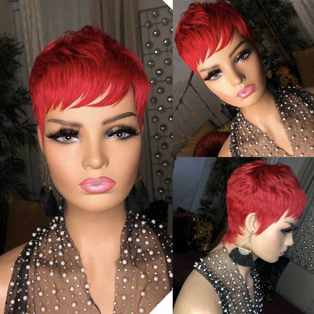 Red Color Short Bob Pixie Cut Wig Full Machine Made No Lace Front Human Hair Wigs With Bangs For Black Women