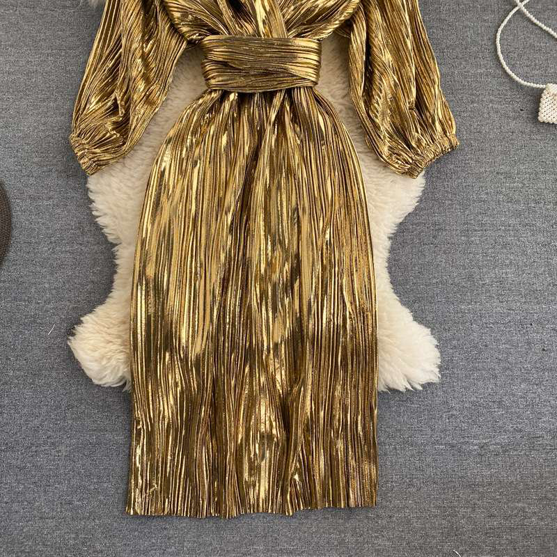 Gold Shimmer Wavsiyier High Waist Boho Luxury Evening Party Dresses Women Runway Long Sleeve Elegant Dress Autumn Spring 220721