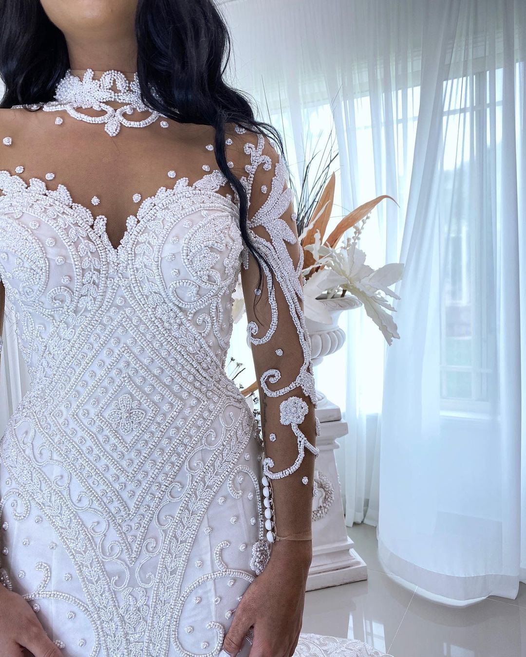 3D Floral Mermaid Wedding Dress 2022 Long Sleeve Sheer High Neck Sexy Backless Boho Dresses Bridal Gowns Robe De Mariage Vestido Novia