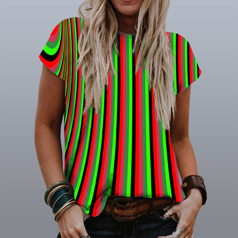 Stripe Graphic Print T-Shirt Women Summer Round Neck Short Sleeve Tops Casual Tees Harajuku Plus Size Loose Tshirts 220321