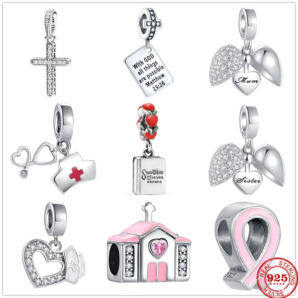 925 Silver Fit stitch Bead Cross Hospital Nurse Bracelet Charm Beads Dangle DIY Jewelry Accessories