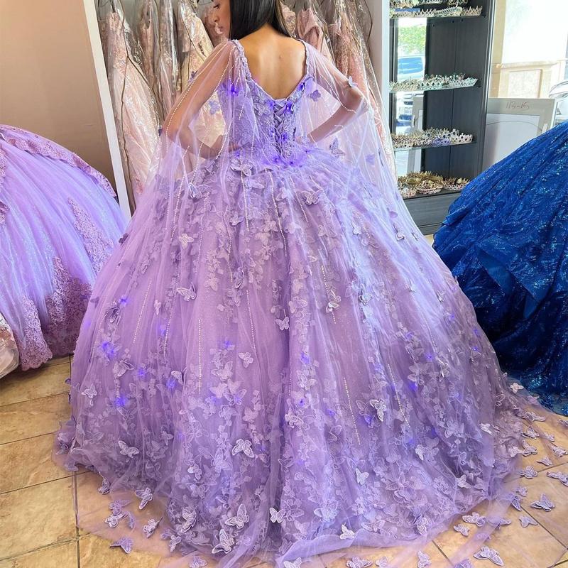 Lilac Lavender Princess Quinceanera Dress Pretty Cape Puffy lace-up corset Sweet 15 Dress Graduation Prom Gowns vestidos de 15 anos