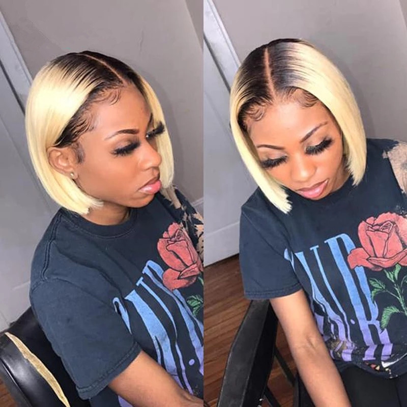 Blonde Ombre Colored 13x4 Short Bob Lace Front Human Hair Wig For Black Women 8 - 16 inch European Remy Straight 613 Wig