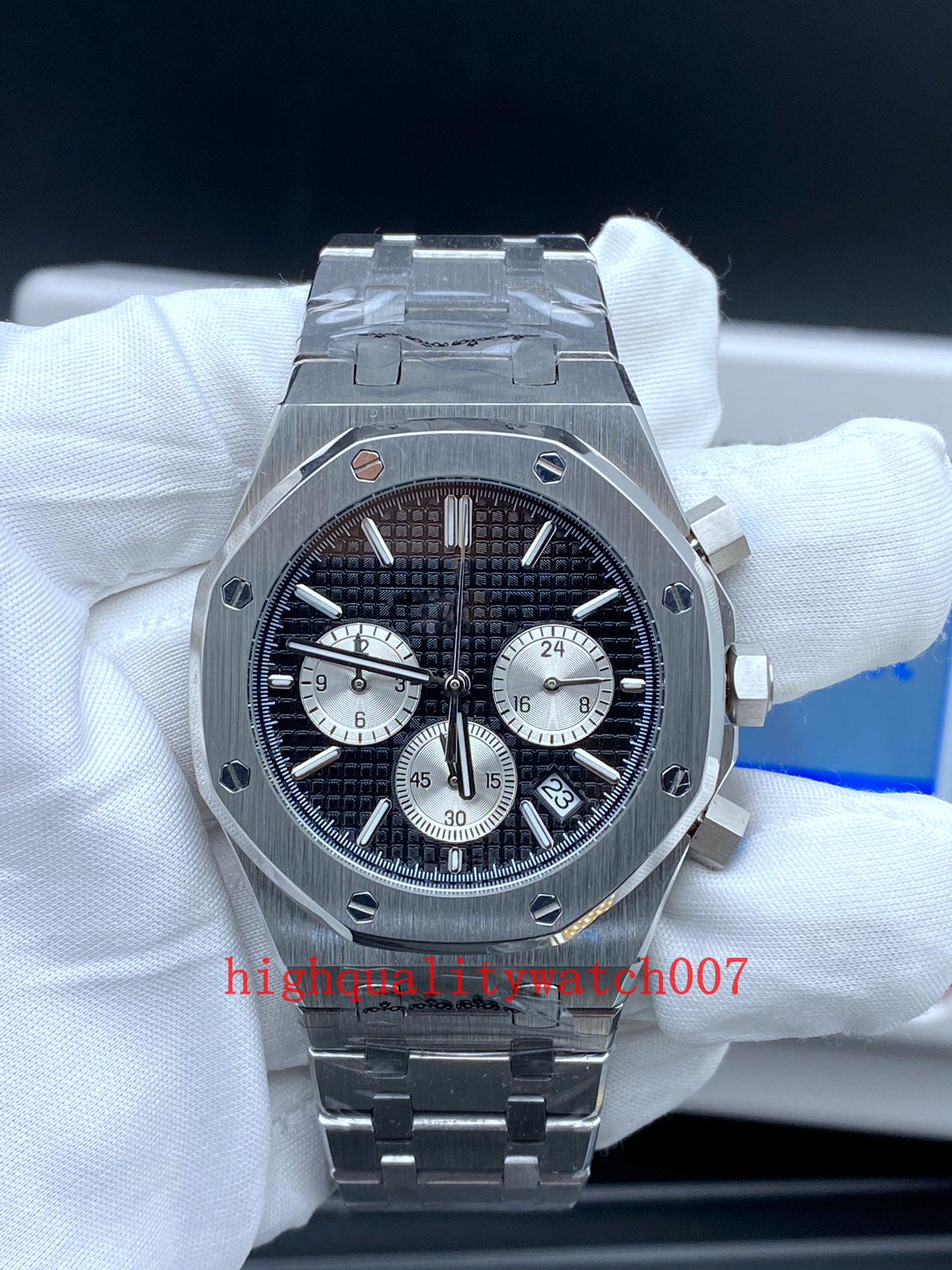 new version men Watch 26240BC Black Dial 41mm VK Quartz Chronograph Working Stainless Steel bracelet Mens Watches
new version men Watch 26240BC Black Dial 41mm VK Quartz Chronograph Working Stainless Steel bracelet Mens Watches