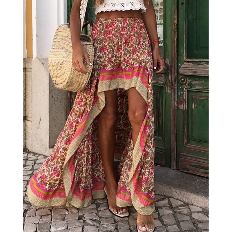 Boho Print Long Skirt Bottoms Elastic Waist Gypsy Ethnic Ladies Skirt 220322