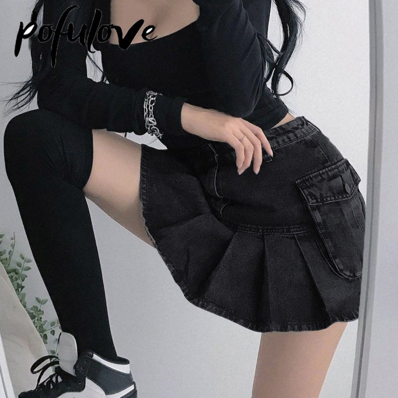 Jeans Mini Skirt Goth Denim Pleated Skirts with Big Pocket Girl Summer Punk Y2K Black Faldas High Waist Korean Fashion 220322