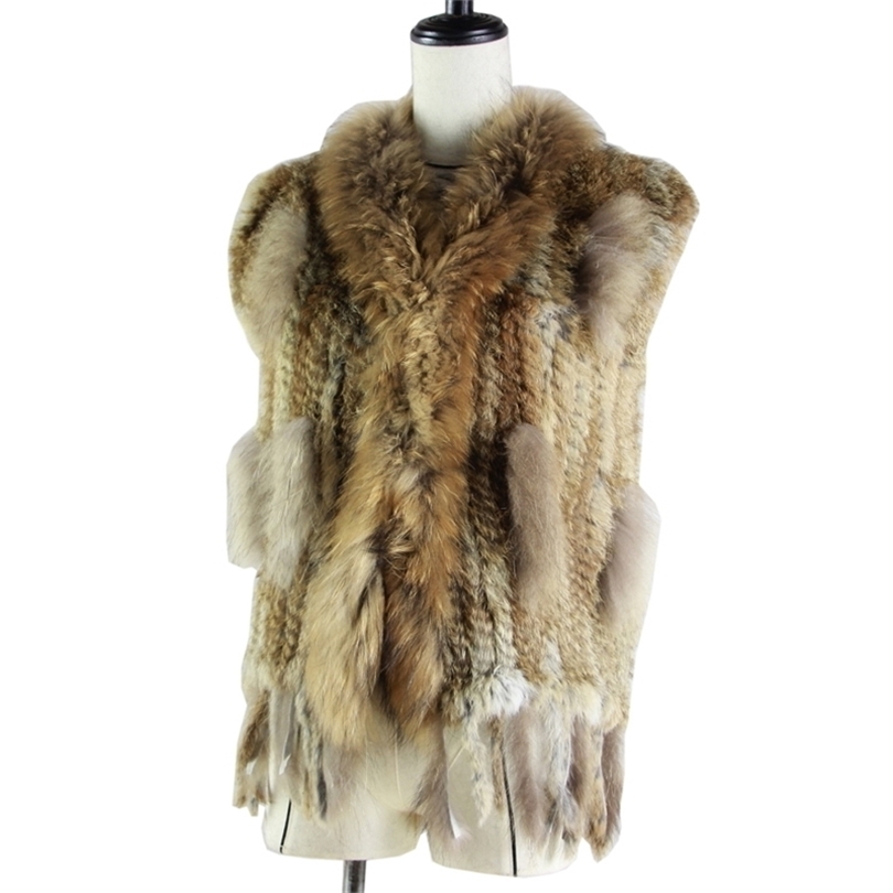 womens natural real rabbit fur vest with raccoon fur collar waistcoatjackets rex rabbit knitted winte T200507