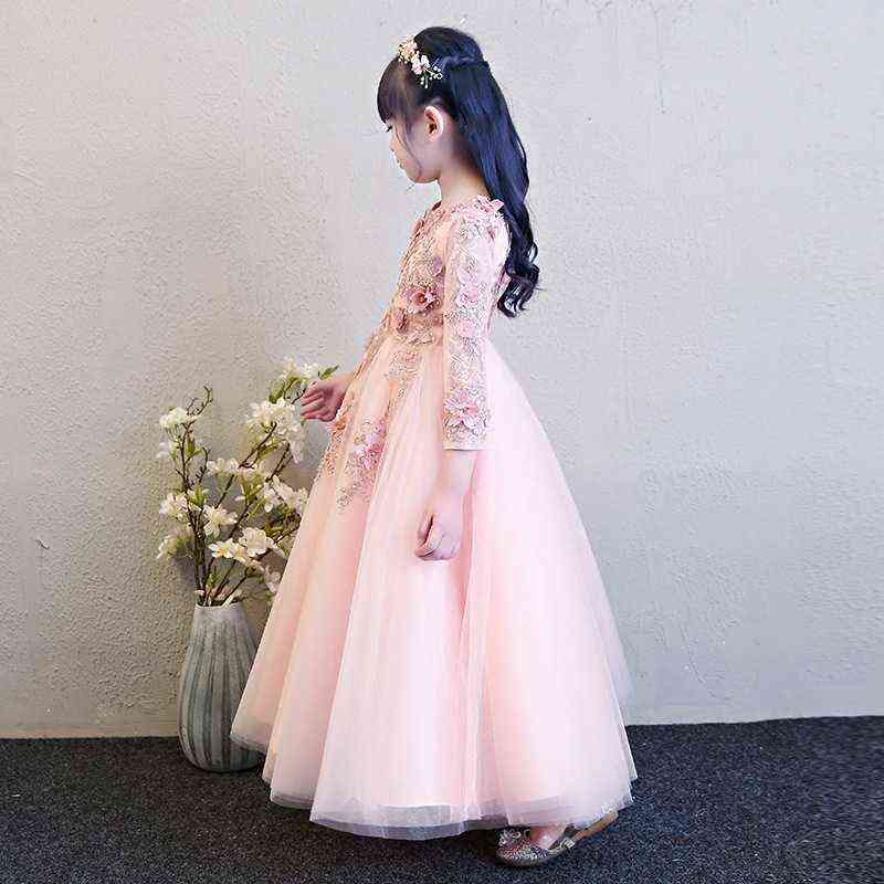 Elegant Pink Tulle Flower Girl Dress for Wedding Long Sleeve Appliques Kids Party Prom Dress First Communion Dresses Princess Y220510