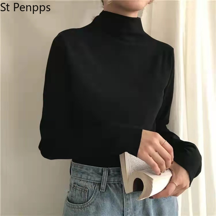 T shirt Long Sleeve Loose Striped Solid Turtleneck Womens All match Simple Leisure Korean Style Trendy Chic Soft 220714