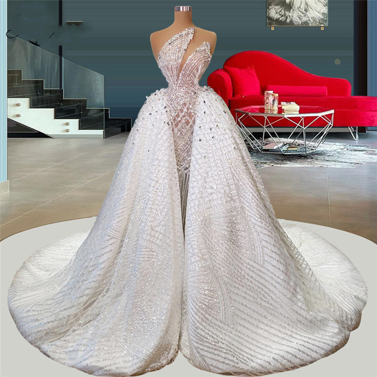 Exquisite Wedding Mermaid Dress With Detachable Train Beading Crystal Bridal Gown Sequined Dubai Dresses Vestido De Novia