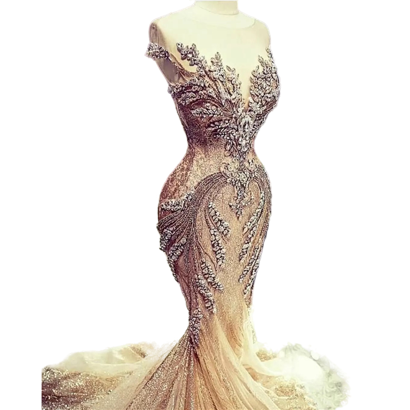 Luxury Crystals Beaded Gold Evening Dresses Elegant Arabic Dubai Glitter Sequined Formal Occasion Gowns Short Sleeve Long Mermaid Prom Dress Women Rob