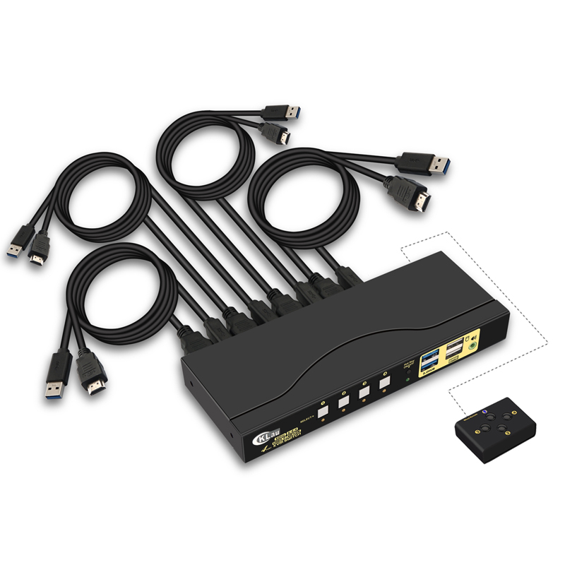 CKLau 4 Port KVM HDMI Switch with Digital Audio, All Input Cables and 2 pcs USB 3.0 Hub Supports 4K@60Hz 4:4:4