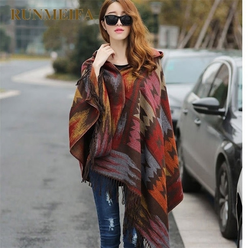 

2019 NEW Women Winter Boho Hooded Coat Cape Poncho ladies Shawls wrap female Pashmina plaid cashmere blanket scarf Bufanda Mujer T200103