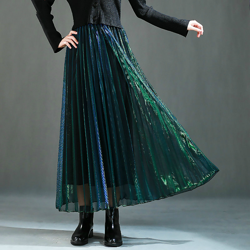 Summer Discolor Shine Gradient Pleated Long Gauze Skirt Metallic A-line Elegant Purple Green Maxi Mesh Skirts 220317