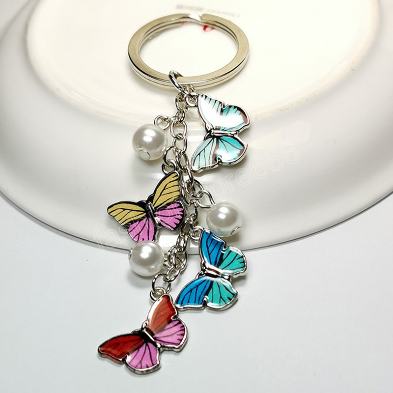 Trendy Colorful Butterfly Keychain with Pearl Key Chains Keyring for Women Bag Charms Accessories Jewelry Gifts