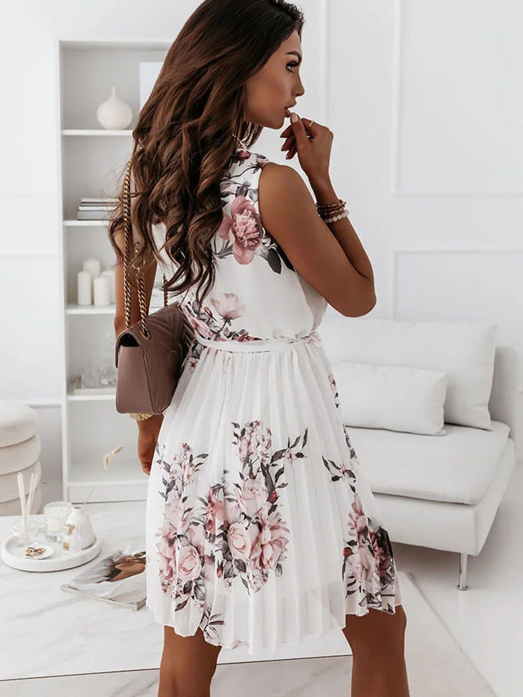Chiffon Sleeveless Floral Print Pleated Mini Dresses For Women Summer Elegant Casual Deep V-neck Lace-up Office Lady Dress 220516