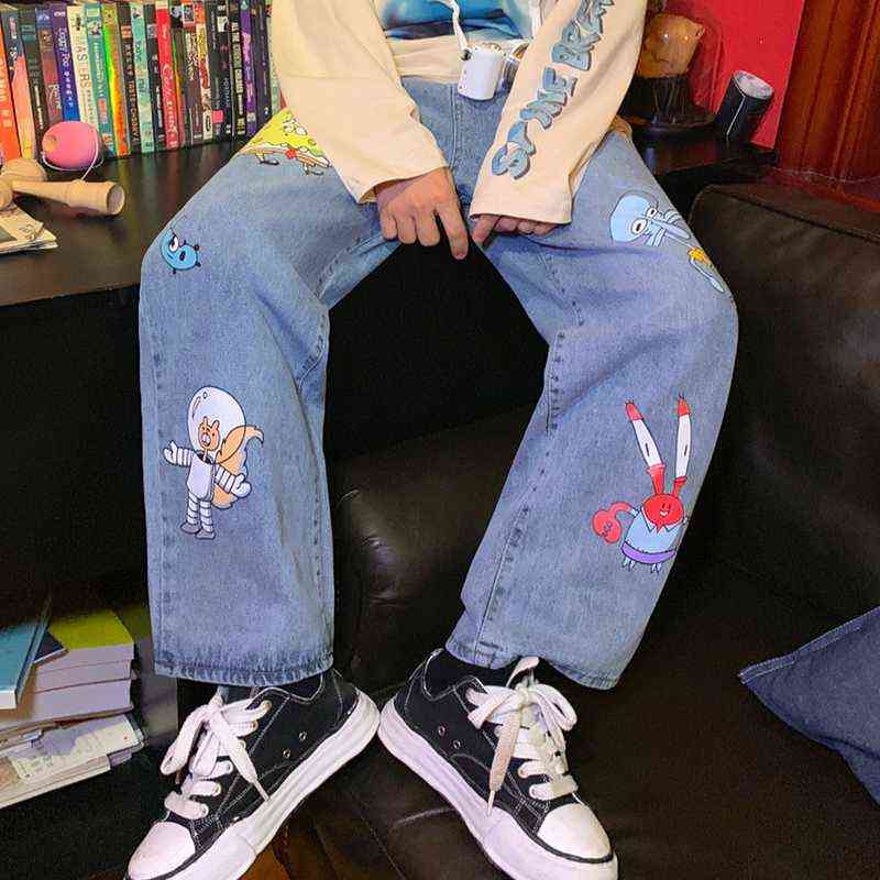 Men and Women Straight Loose Autumn Korean Style Cartoon Printed Jeans Pants Street Hip-hop Handsome Nine-point Pants Fashion G0104