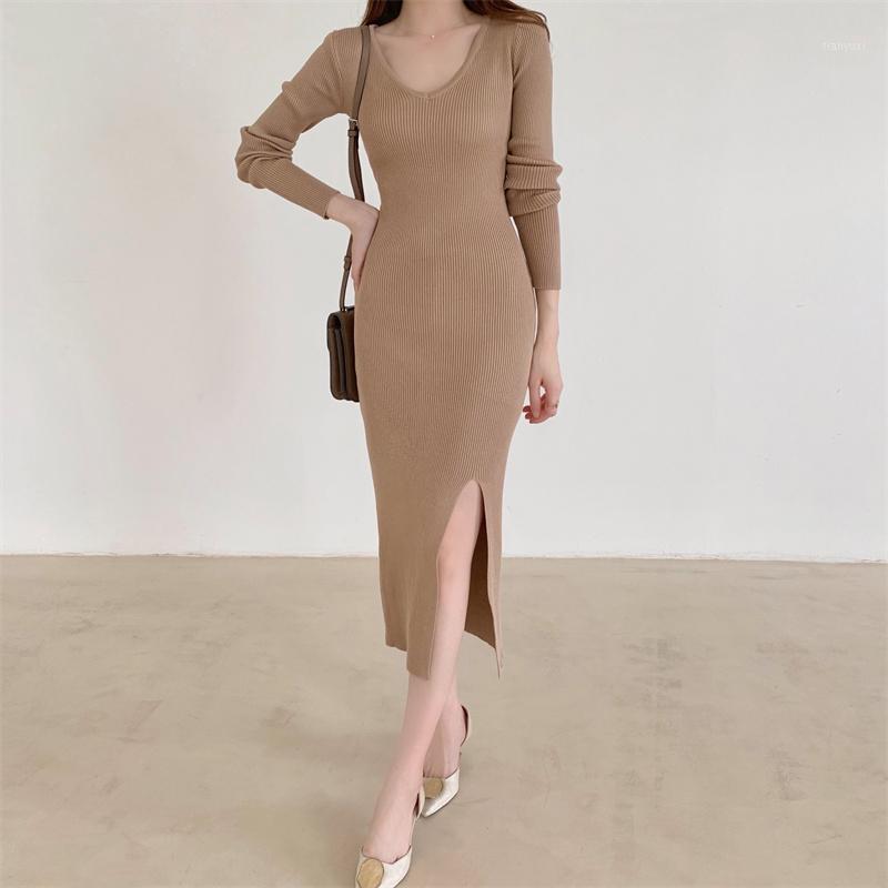 Casual Dresses Autumn Winter Black Elegant For Women Korean Fashion Long Sleeve Slim Bodycon Split Knit Midi Dress Khaki Robe 2022
Casual Dresses Autumn Winter Black Elegant For Women Korean Fashion Long Sleeve Slim Bodycon Split Knit Midi Dress Khaki Robe 2022