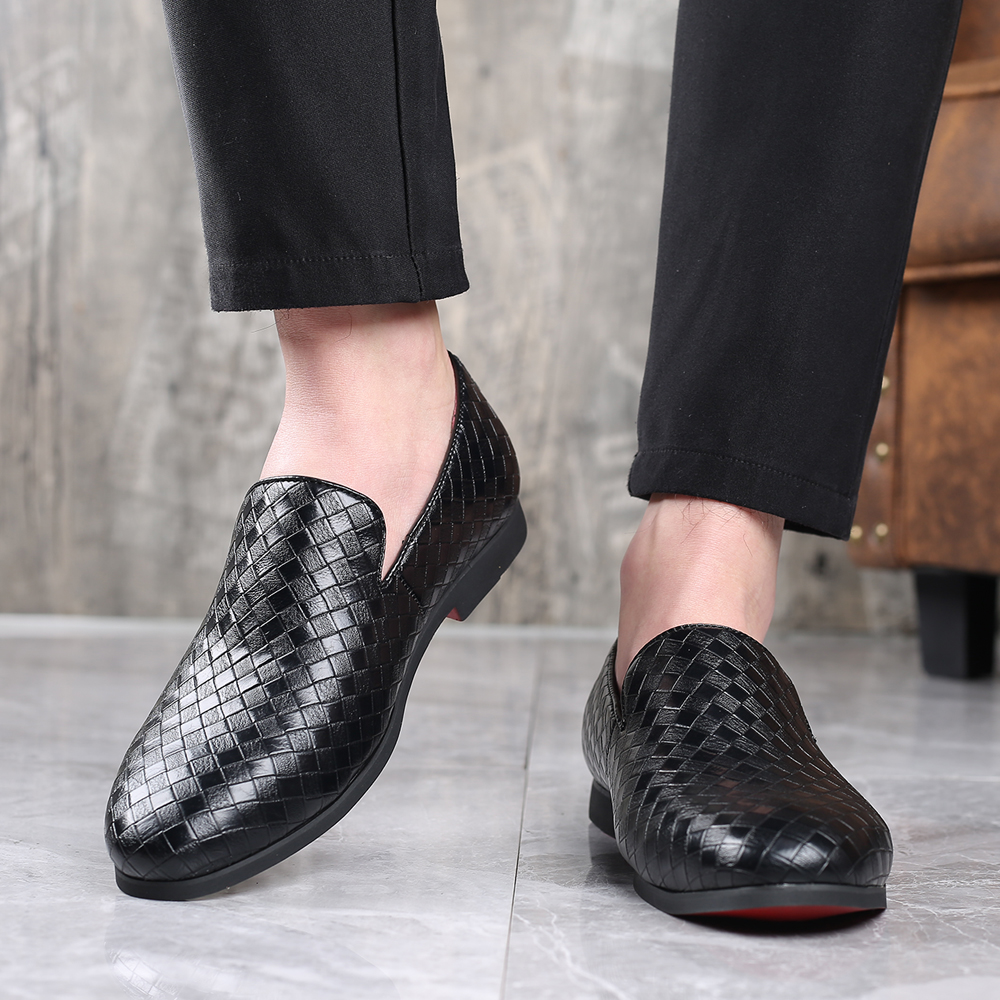 

Loafers Men Shoes PU Leather Solid Color Round Toe Flat Casual Fashion Daily Party Weave Texture Comfortable Breathable Simple Wild Wedding Shoes HM333, Black