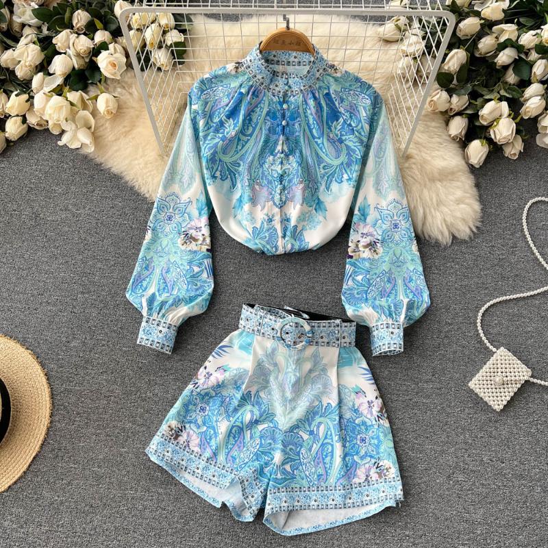 Women' Tracksuits Printing Women' Spring Summer Fashion Stand Neck Long Sleeve Shirt Wide Leg Shorts Two-piece Sets G750Women, Blue
Women' Tracksuits Printing Women' Spring Summer Fashion Stand Neck Long Sleeve Shirt Wide Leg Shorts Two-piece Sets G750Women, Blue