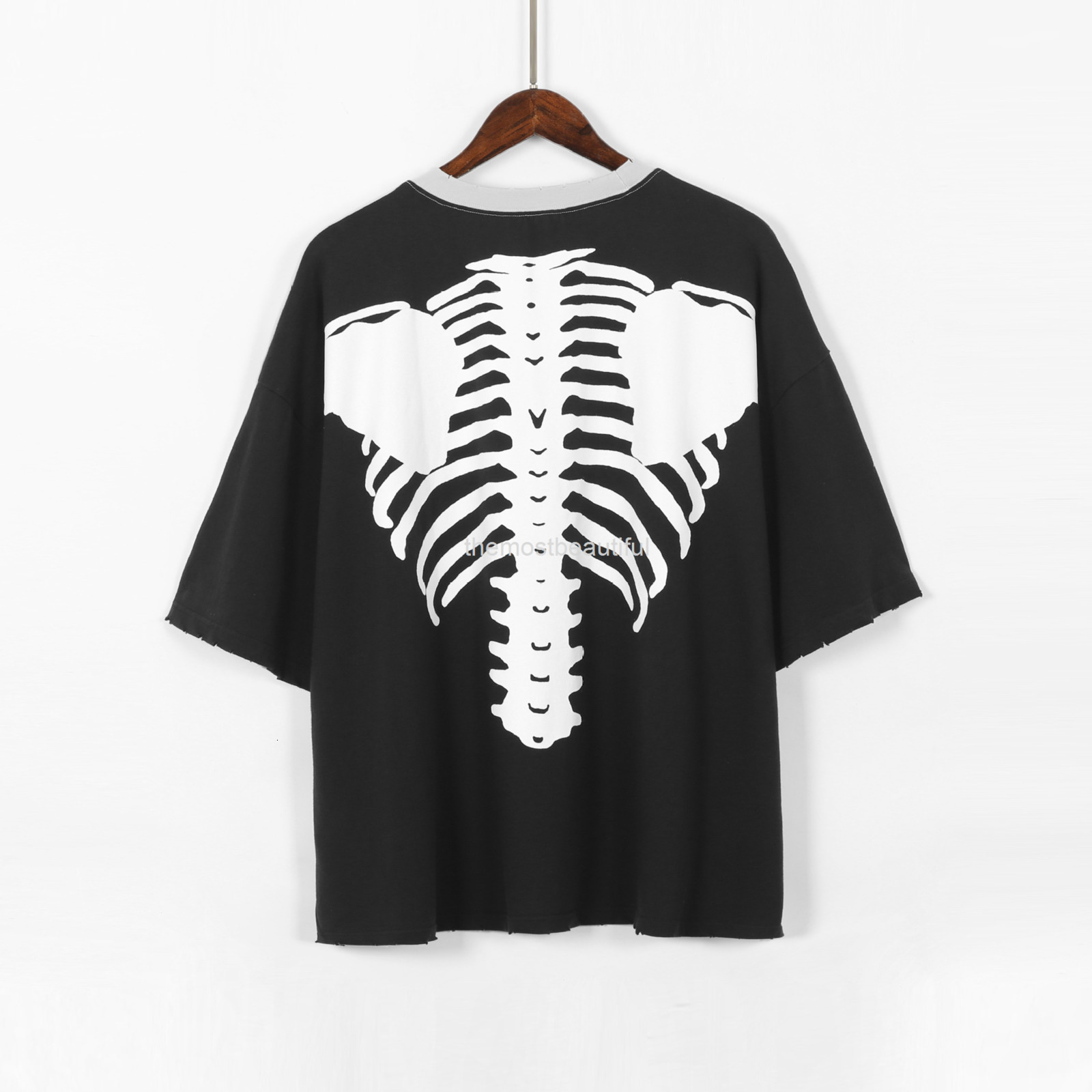 Men' T-Shirts 21ss high street rag wash used skeleton print loose short sleeve double-sided T-shirt male and female couples student trend, 2# packing bag