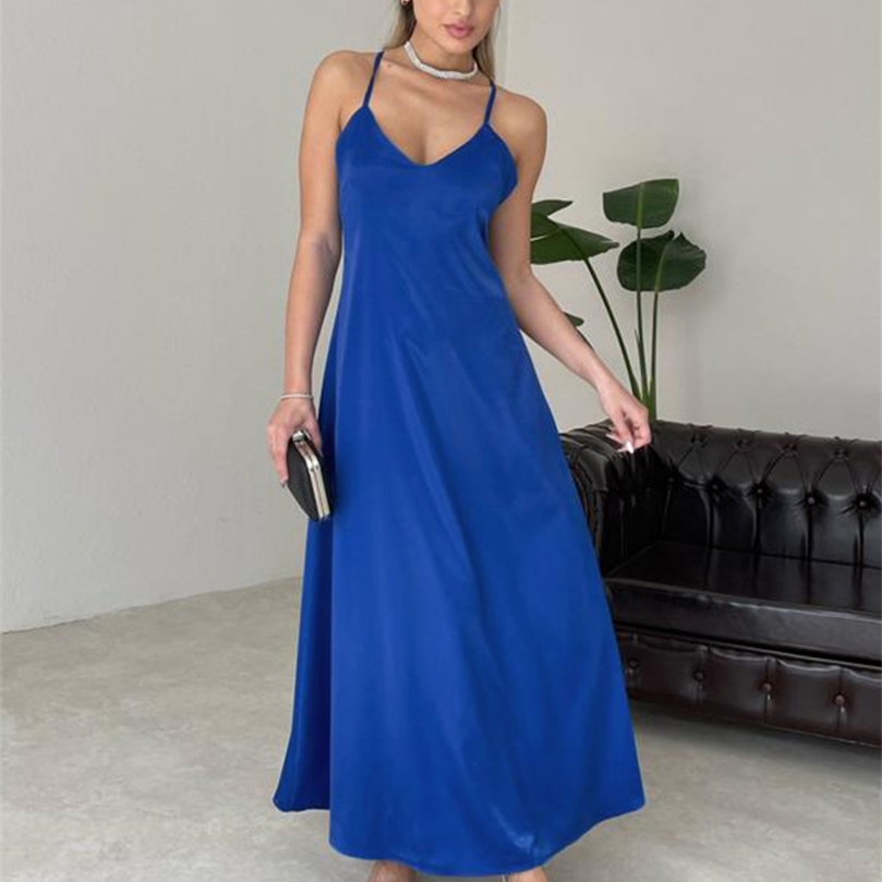 OOTN Satin V-Neck Strap Party Dress Sexy Backless Cross Bandage Prom Dress Blue Summer A-Line Thin Maxi Dress Women Elegant Chic 220511