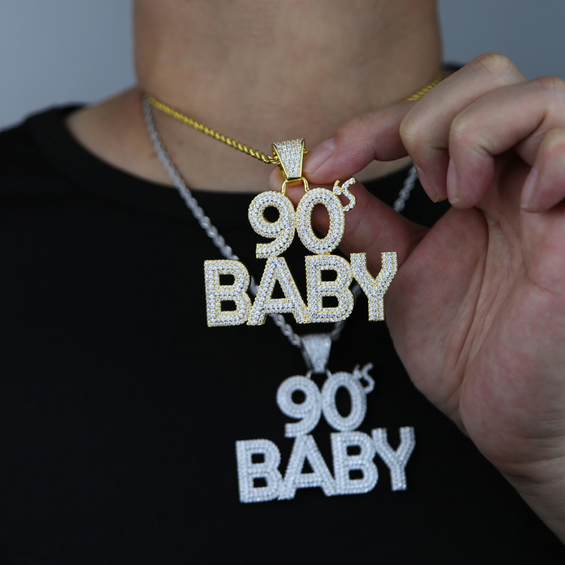 Iced Out Bling Hip Hop CZ Letters 90S BABY Pendant Necklace Gold Silver Color Zircon 90 Charm Necklace Men's Women Jewelry