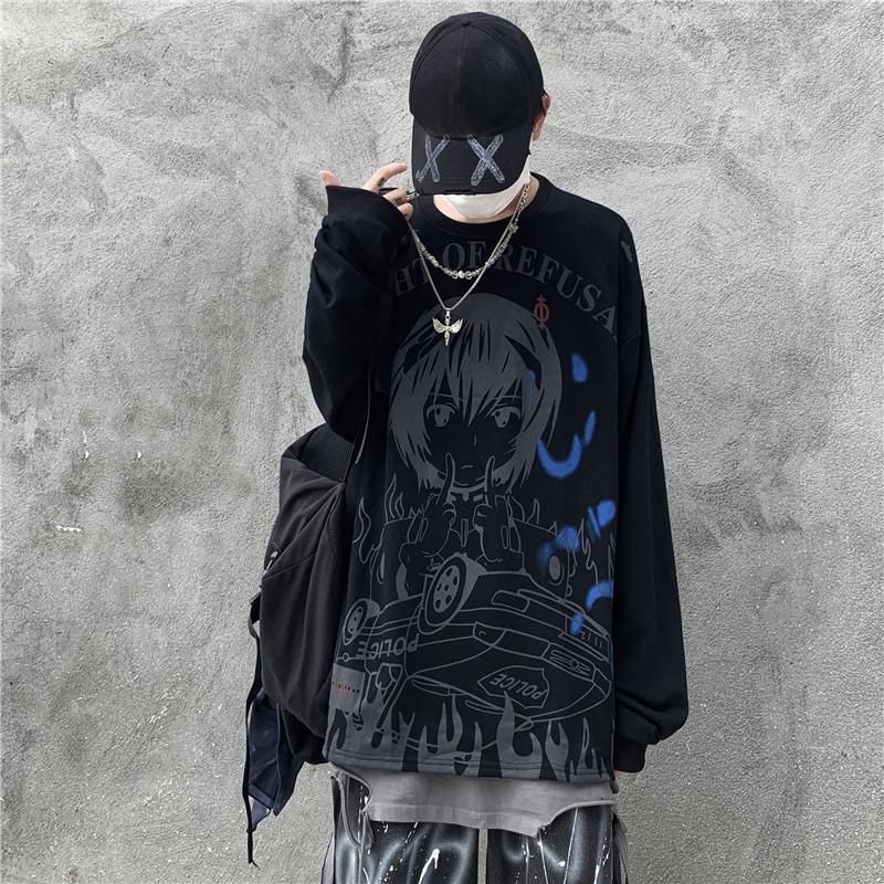 T-shirt Men And Women Retro High Street Dark School Students Secondary Anime Printing Hip Hop Long Sleeve Harajuku 220321
