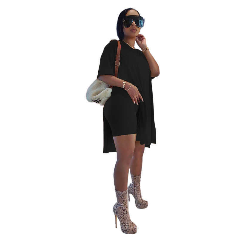Plus-size women's clothing 2023 summer short sleeve suit solid medium length split shorts