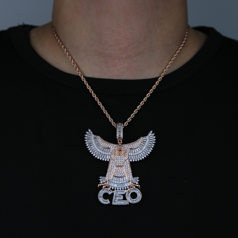 Rose gold silver plated Letter CEO Eagle Pendant Necklace with Rope chain Iced Hip Hop Men Charm Necklaces Jewelry Paved 5A Cubic Zircon Stones For Pa