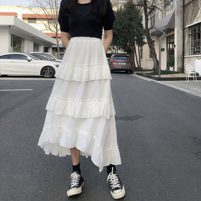 HOUZHOU Black Long Skirts Women Gothic High Low Ruched Ruffle Waisted Asymmetrical Midi Skirt Korean Fashion Goth Grunge 220317