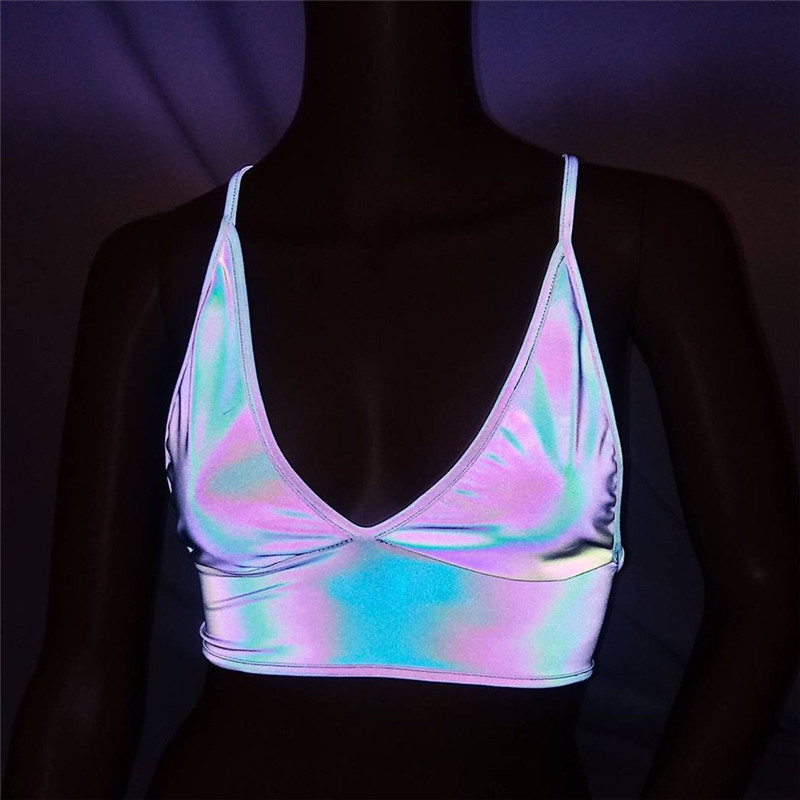Shiny Iridescent Reflective Tank Top Fashion Rainbow Colorful Crop s Bottoming Vest Party Clubwear Music Festival 220325