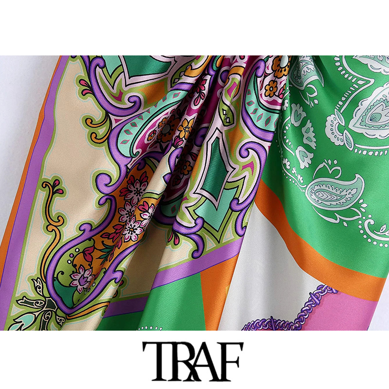 TRAF Women Chic Fashion With Knot Printed Front Vents Midi Skirt Vintage High Waist Back Zipper Female Skirts Mujer 220322