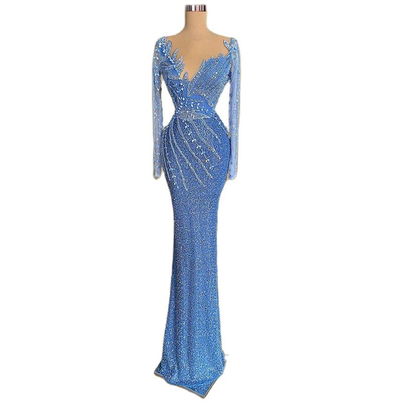 Blue Sparkling Mermaid Prom Dresses Sexy Deep V Neck Long Sleeves Sequins Appliques Beads Hollow 3D Flower Floor Length Plus Size Formal Party Gowns C