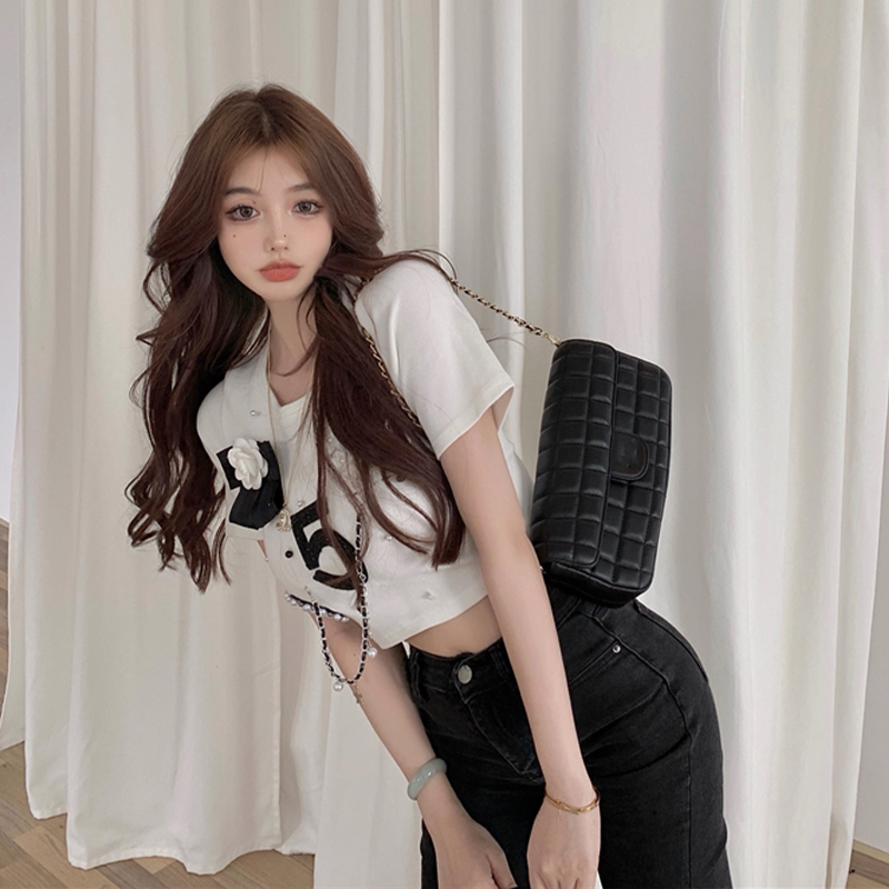 O Neck Short Sleeve Chain Pearl Three-dimensional Flower Tshirts Women Summer Loose Retro Graphic Aesthetic Harajuku Tees Top 220321