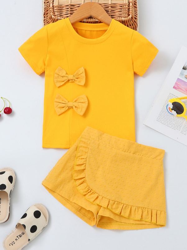 Toddler Girls Bow Front Tee & Swiss Dot Ruffle Trim Skorts SHE