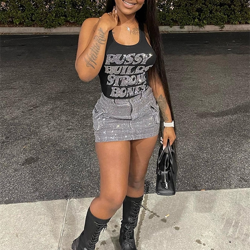 Simenual Diamonds Casual Simple T shirt Women Harajuku Skinny High Street Outwear Hipster Tank Tops Sexy Hollow Out Vest Baddie 220628