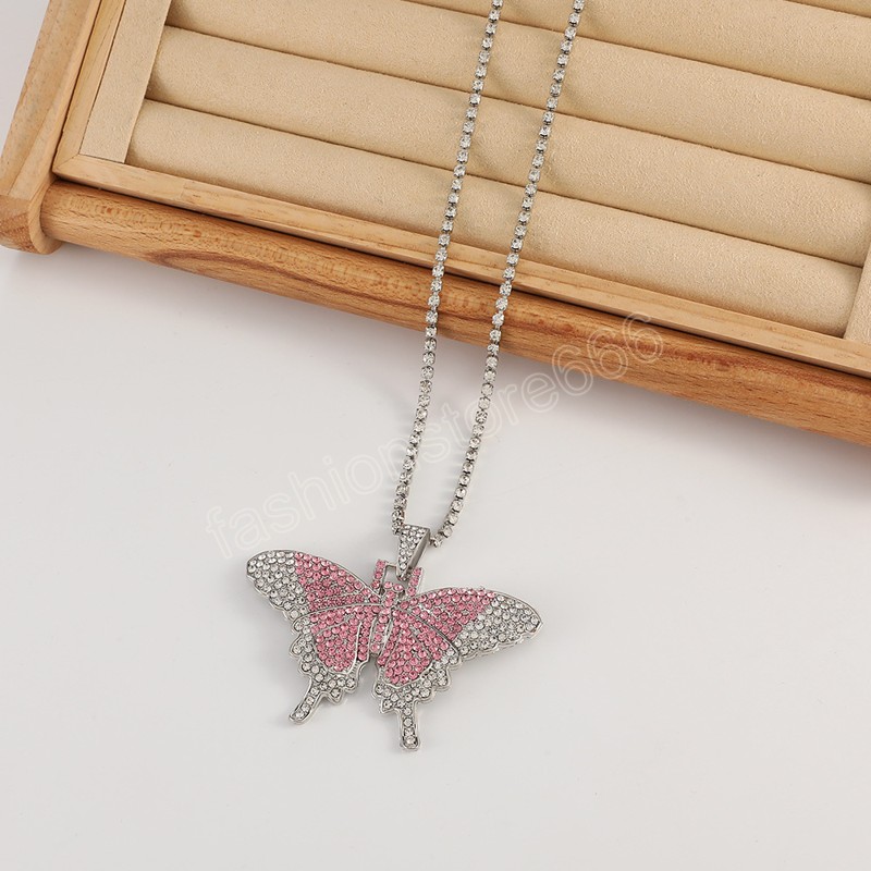 Sparking Fully Iced Out Crystal Pave Butterfly Pendant Fashion Rhinestone Bling Animal Necklace For Women Party Gift
