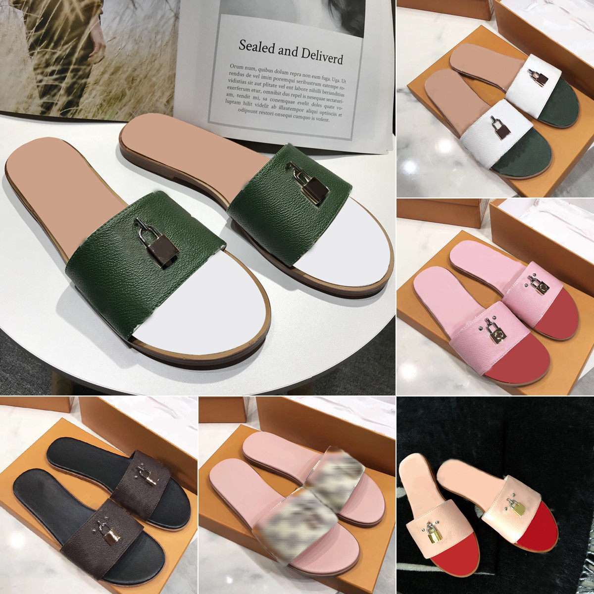 Designer Women Sandals Locky Flat Slipper Scuff Sexy Fashion Embossed Summer Low Heel Slippers Slides Flip Flops Womens Sandals Size 34-42