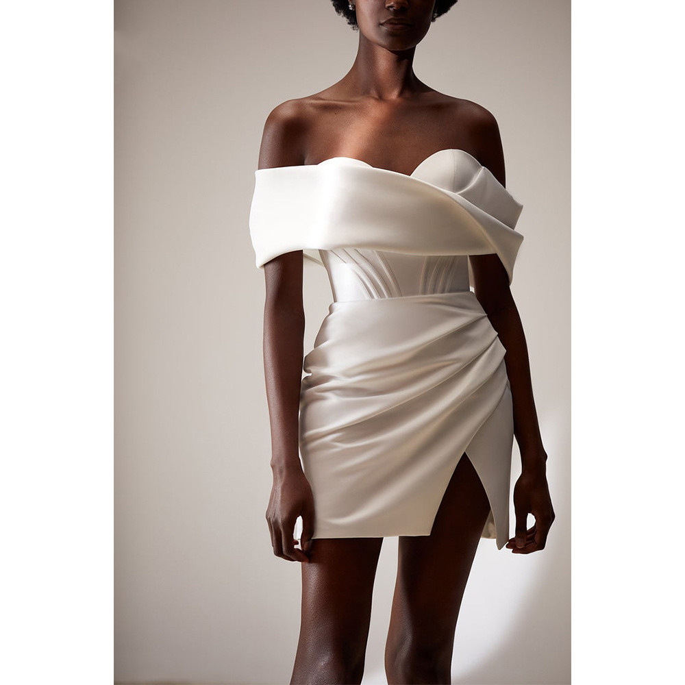 Little White Dress Sexy Slit Short Beach Wedding Dresses 2022 Modern Stain Off Shoulder Lace Up Backless Bridal Gown