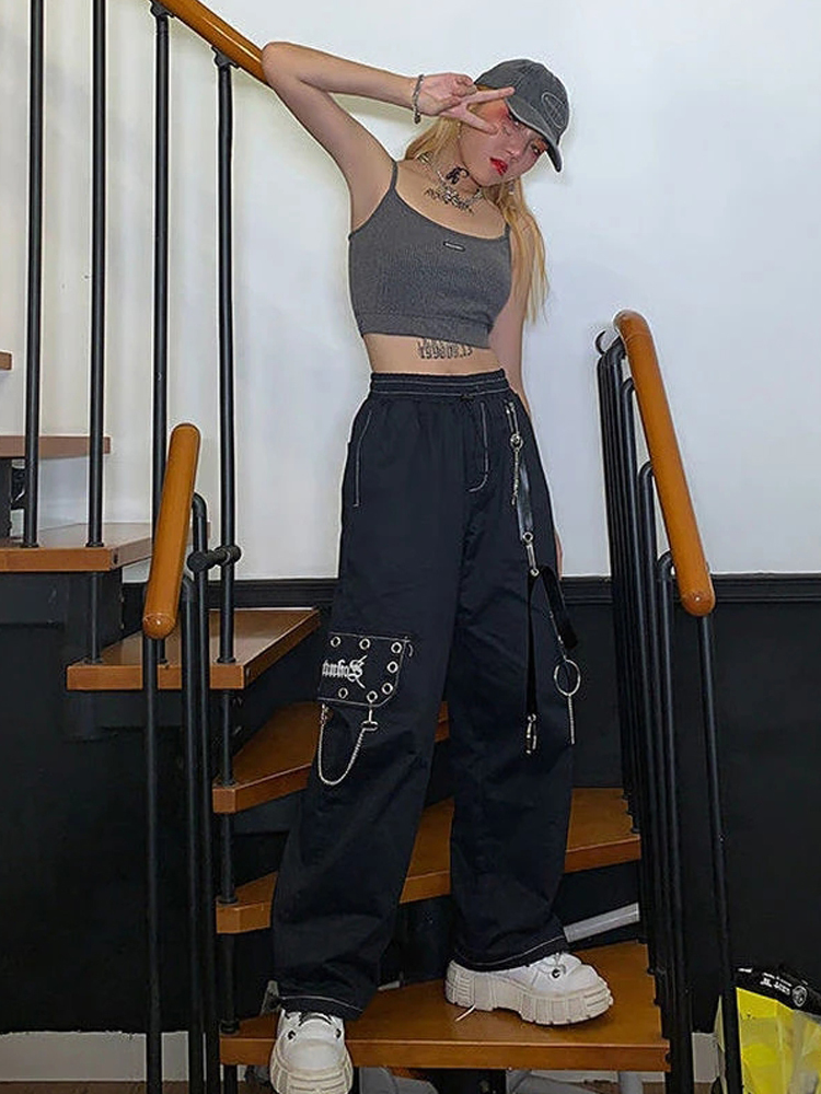 QWEEK Gothic Harajuku Black Cargo Pant Chain Wide Leg Goth Hippie Streetwear White Trousers Loose Female Baggy Fashion 220325