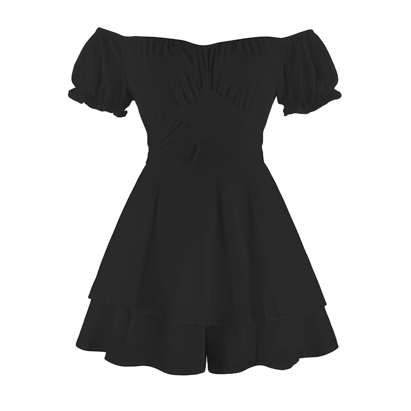 Women Jumpsuits Dresses Tie Back Lantern Short Sleeve Square Neck Cute Ruffled Off Shoulder Rompers Summer Chiffon A-Line Mini Dresses