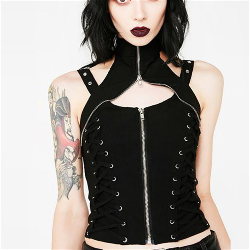 NCLAGEN Sleeveless Zipper Choker Halter Gothic Black Tank Bandage Fitness Crop Top Punk Camis Women Bodycon Strap Clubwear Tops 220325