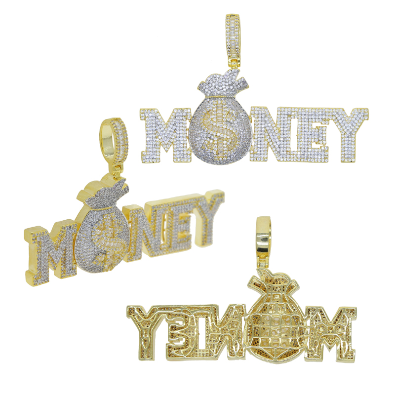 Gold Silver Color MONEY BAG Letter Pendant with Rope Chain Iced Out Cubic Zirconia Pendants Hip Hop Jewelry Gift for Women Men