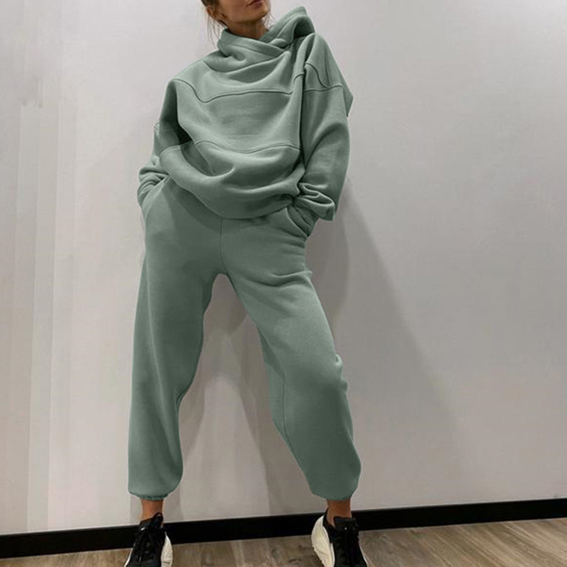 Casual Women Solid Fleece Two Piece Set Oversize Hoodies And High Waist Trousers Suit Autumn Winter Female Sportswear Tracksuits 220817